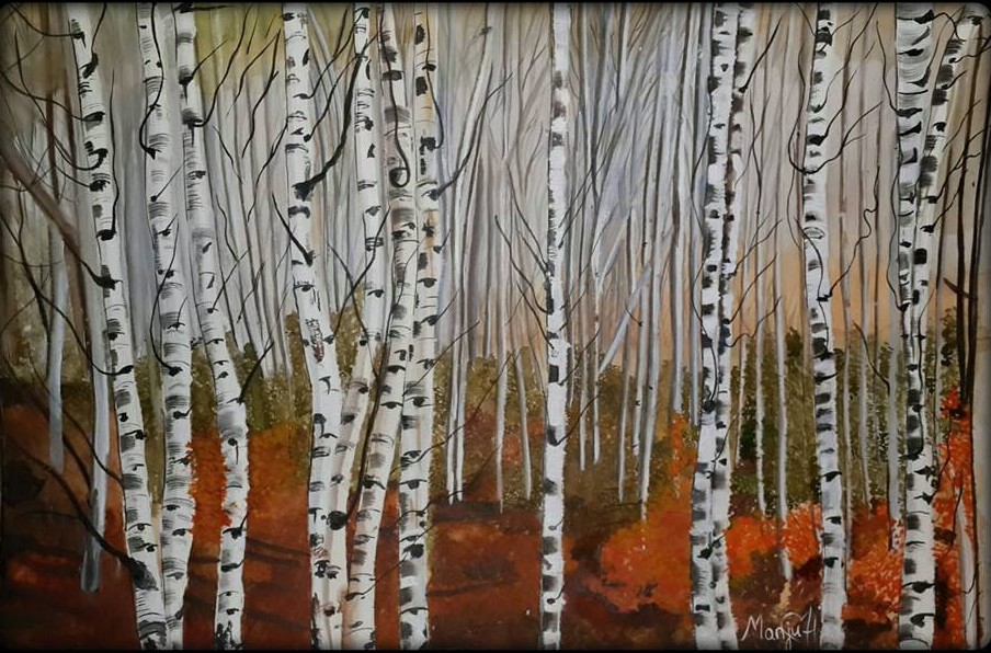 Watercolour painting of birch trees in an autumn forest, symbolising reflection and healing through nature, by artist Manju Hinduja.